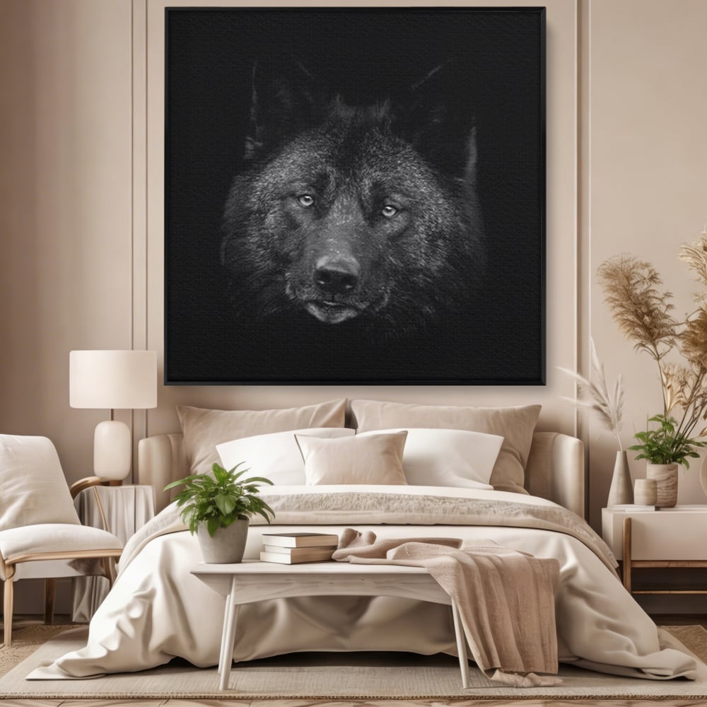 Tablou canvas cu tablou canvas cu portret de lup negru, in rama de aluminiu negru, pe perete intr-un dormitor